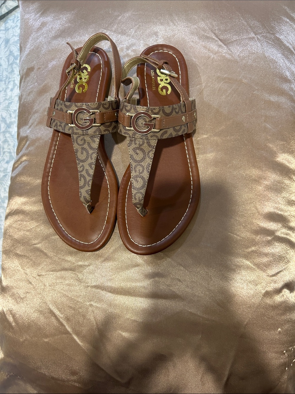 GBG Los Angeles Brown and Tan Logo Strap Sandals